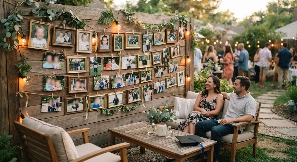 Graduation memory photo wall with framed family photographs on a backyard wooden fence.