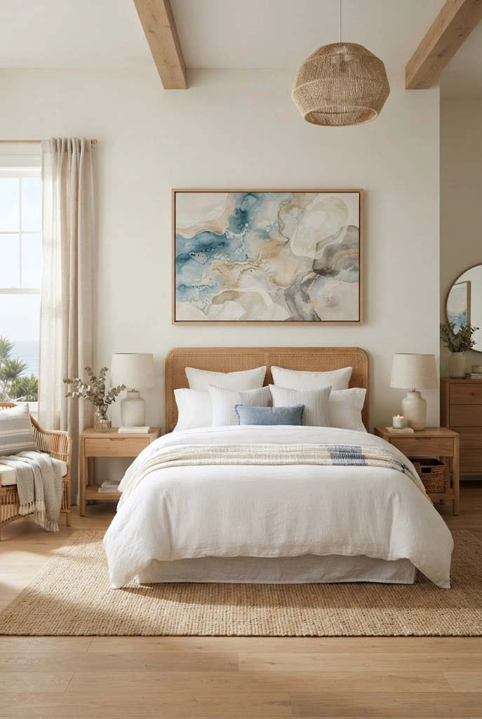 Large abstract ocean-toned artwork above a white bed in a coastal bedroom.