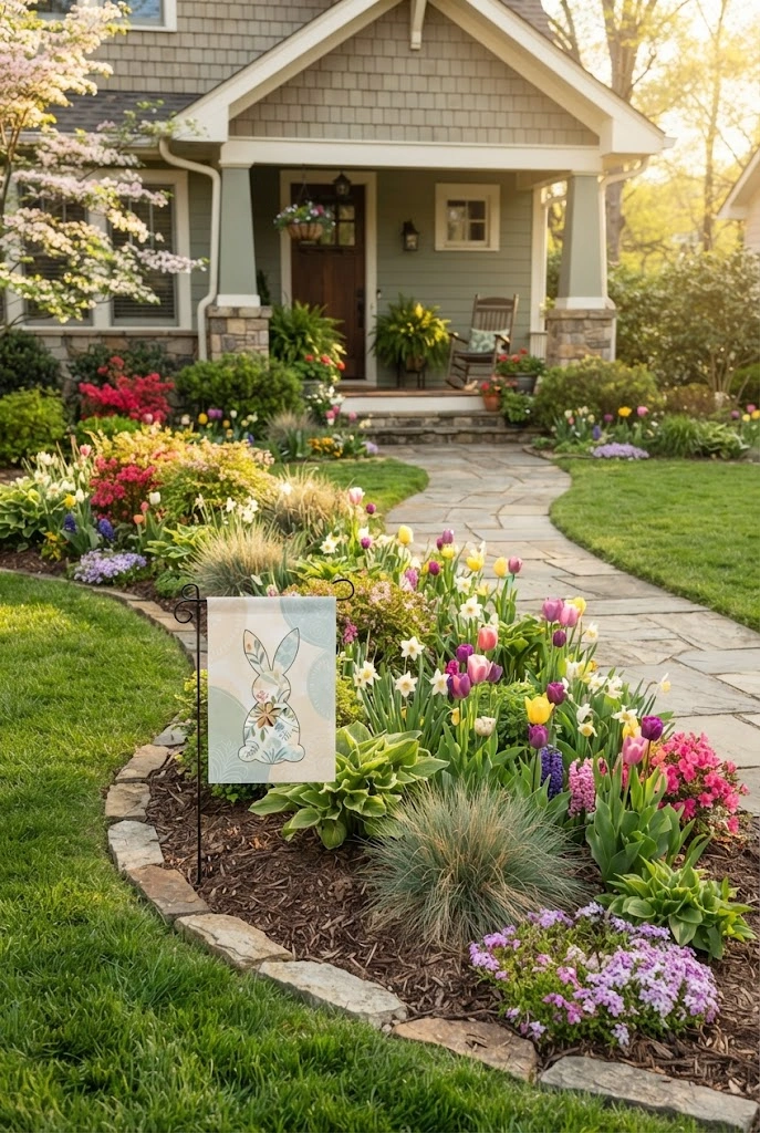 Easter bunny garden flag surrounded by spring flowers in a front yard.