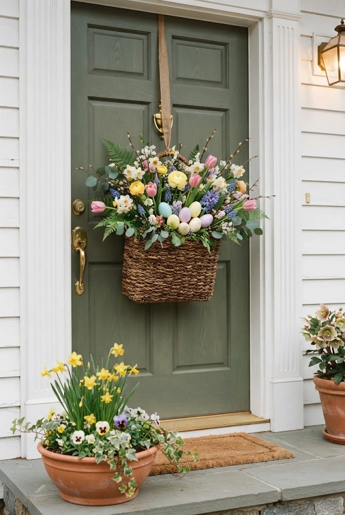 Woven Easter basket filled with spring flowers hanging on a front door.