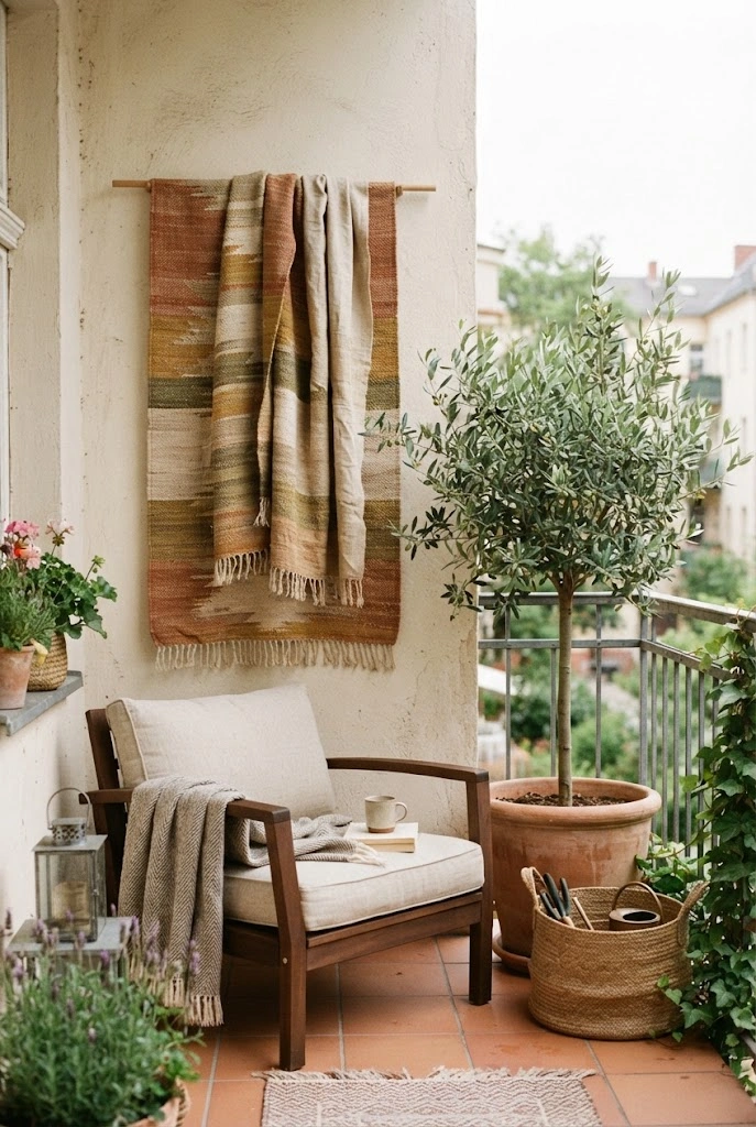 Patterned outdoor textile used as a soft decorative backdrop on a balcony.