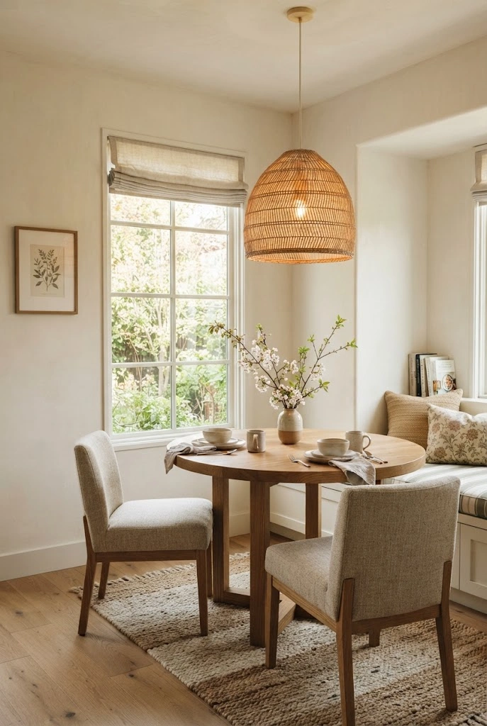 Natural rattan pendant above an oak breakfast table with spring greenery.