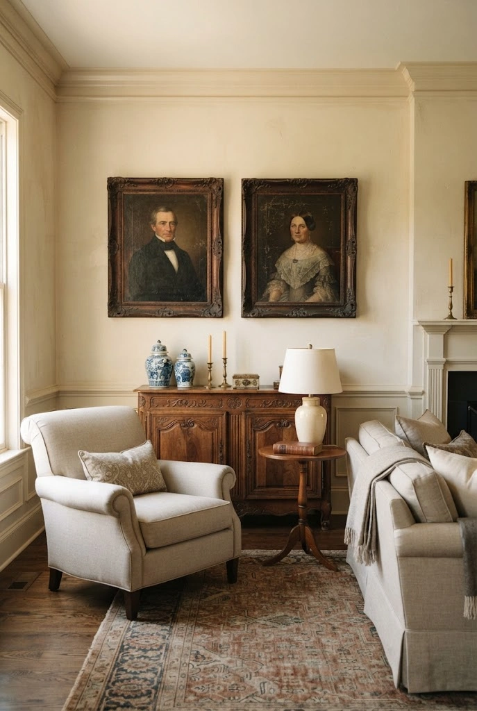 Pair of vintage portrait paintings in matching carved frames above a wood console.