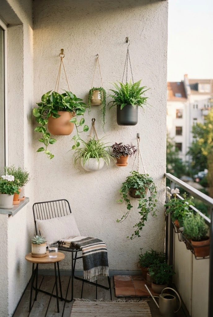 Vertical collection of hanging planters decorating a small balcony wall.