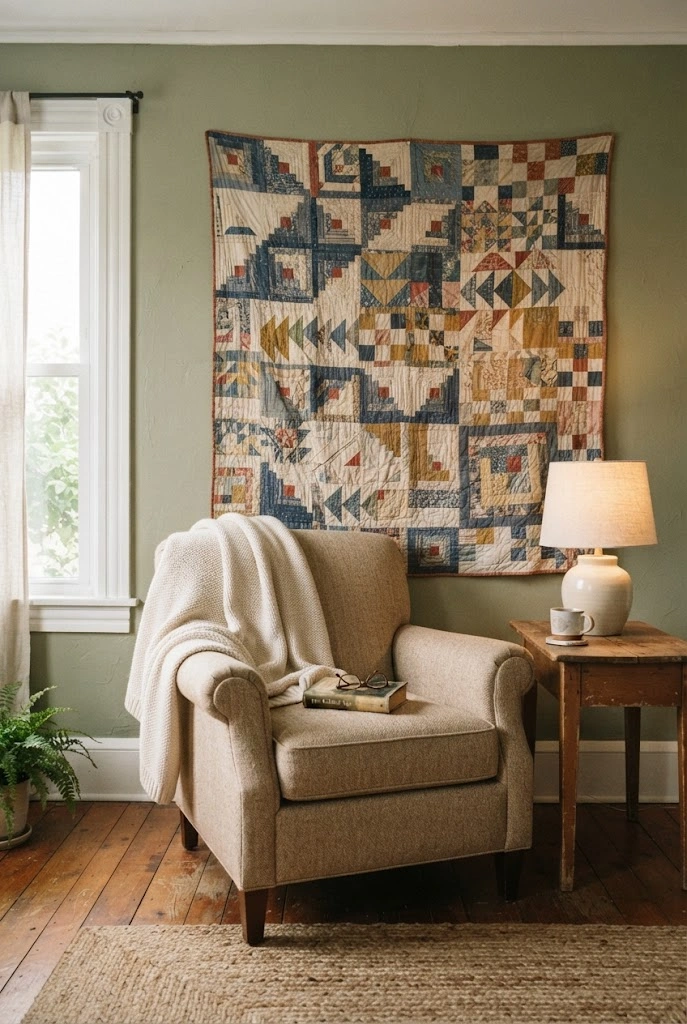 Vintage patchwork quilt displayed as wall art behind a cozy reading chair.
