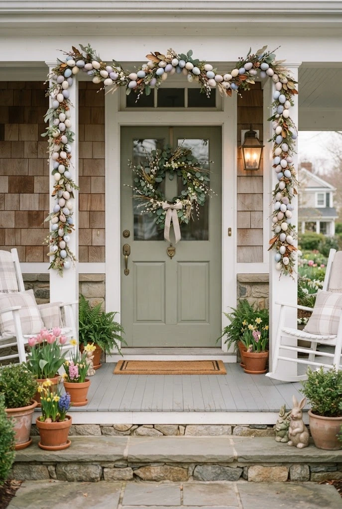 Muted pastel Easter egg garland framing a spring front door.