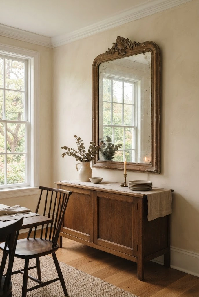 Oversized antique carved-wood mirror reflecting a window above a traditional dining room sideboard.