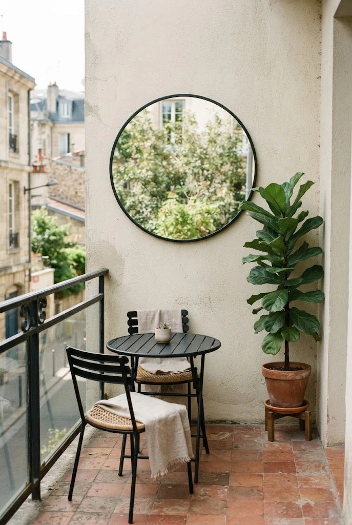 Round outdoor mirror reflecting greenery on a compact apartment balcony.