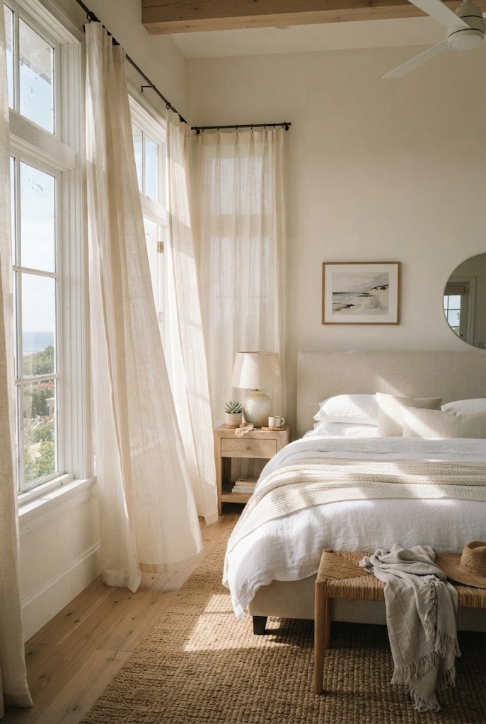 Airy coastal bedroom with floor-length ivory linen curtains filtering natural window light.