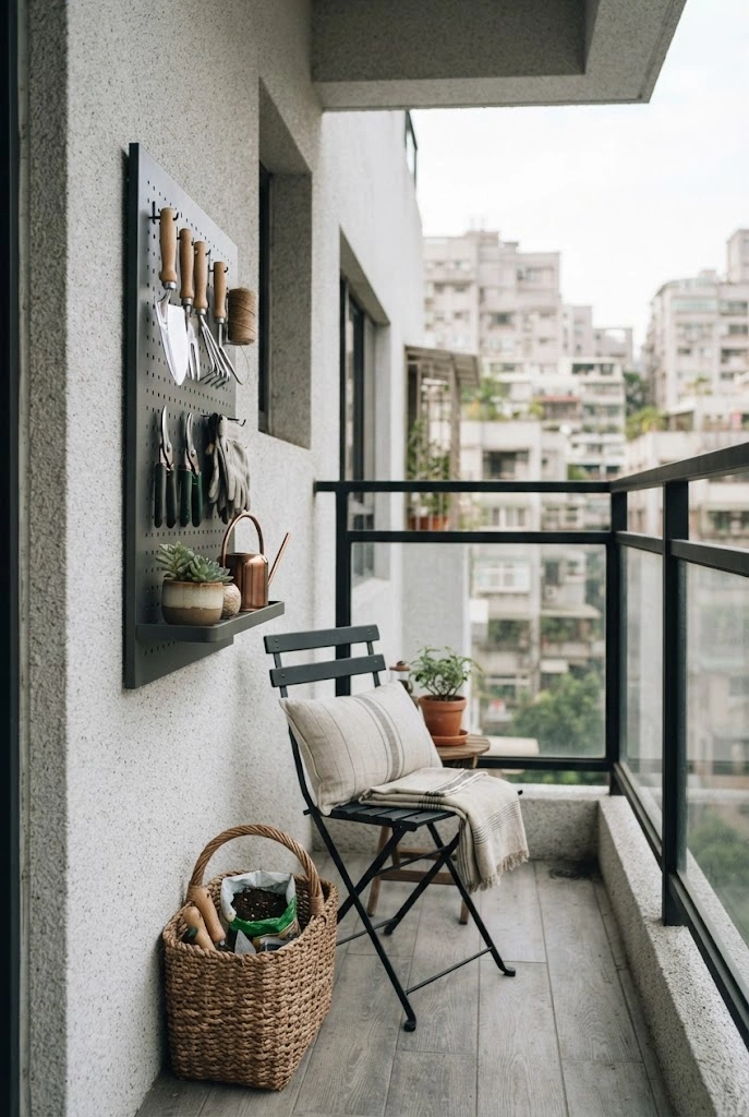 Compact outdoor pegboard providing organized storage on a small balcony.