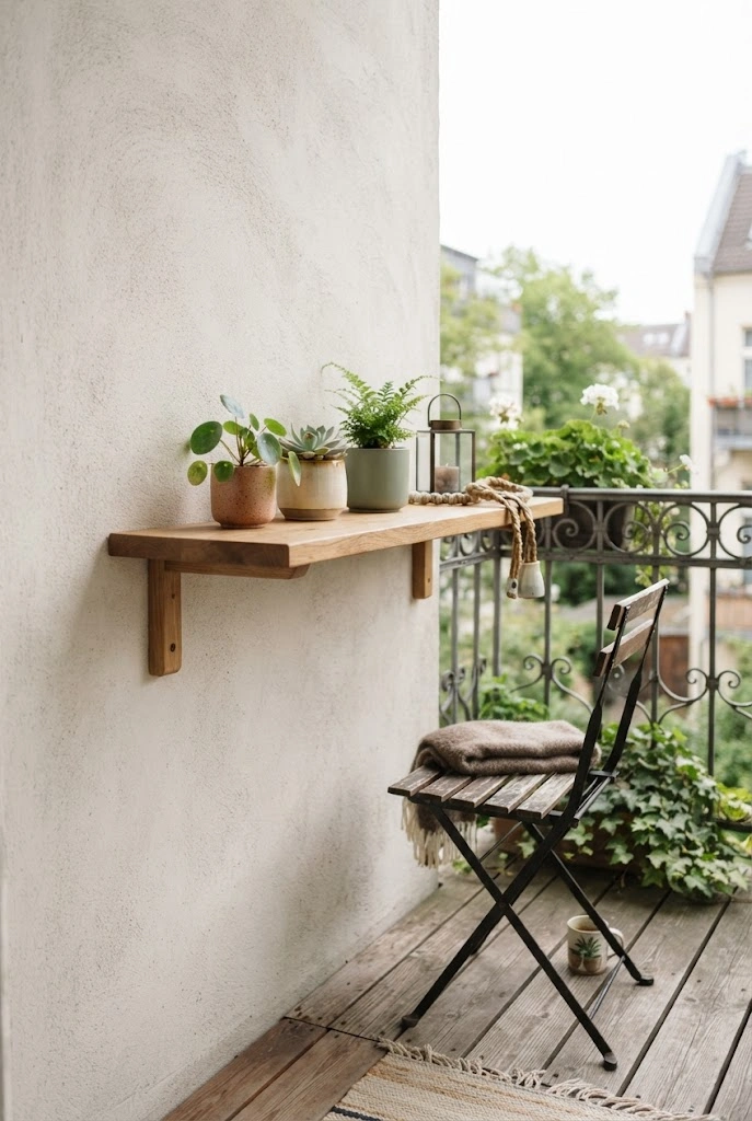 Slim wood wall shelf displaying plants and decor on a small balcony.