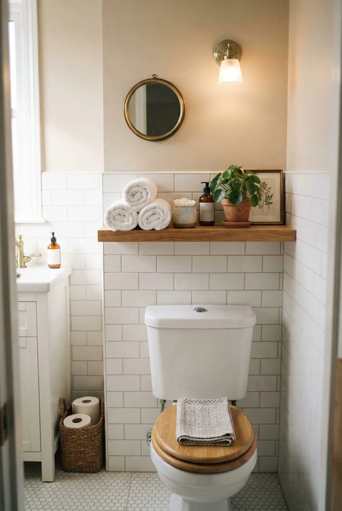 Natural oak floating shelf above a toilet with rolled towels, ceramic storage, and a small plant.