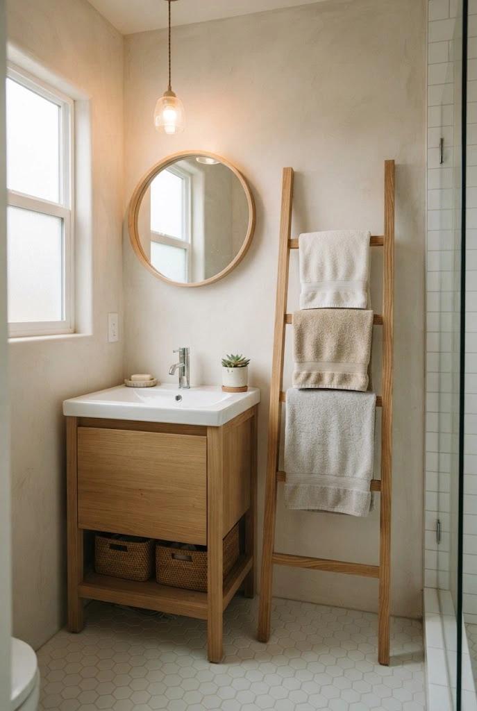 Slim wooden towel ladder beside a compact vanity in a small bathroom.