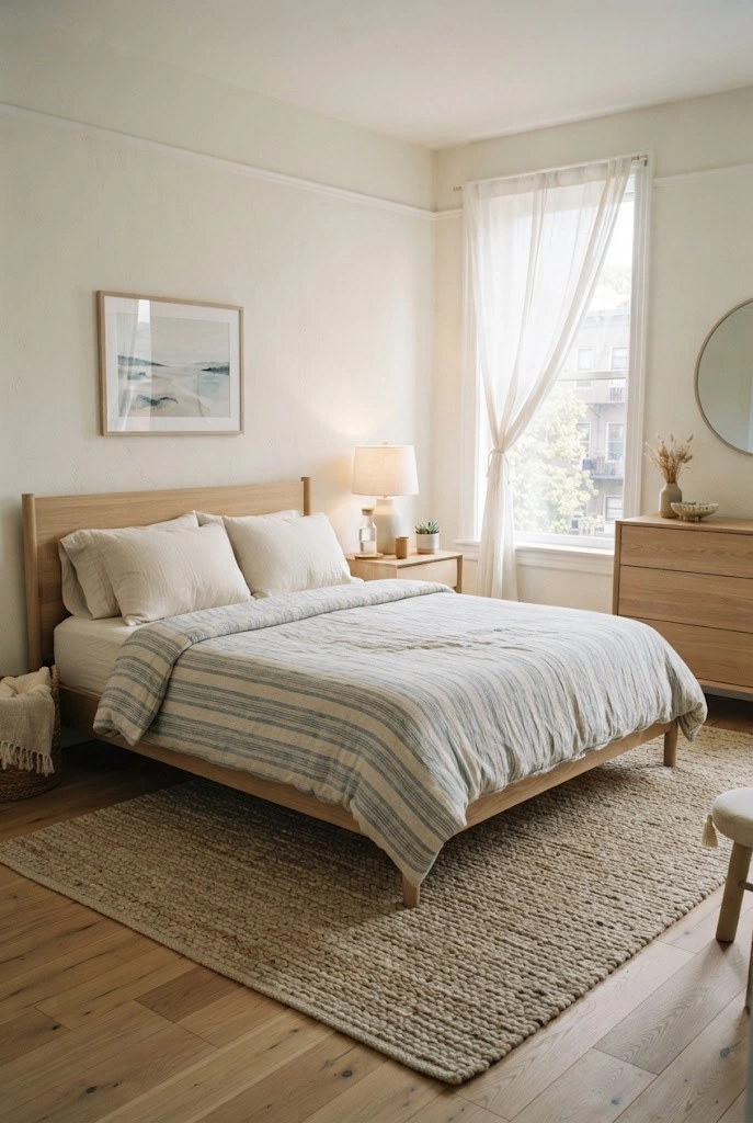Blue-and-cream striped bedding in an airy modern coastal bedroom with pale oak furniture.