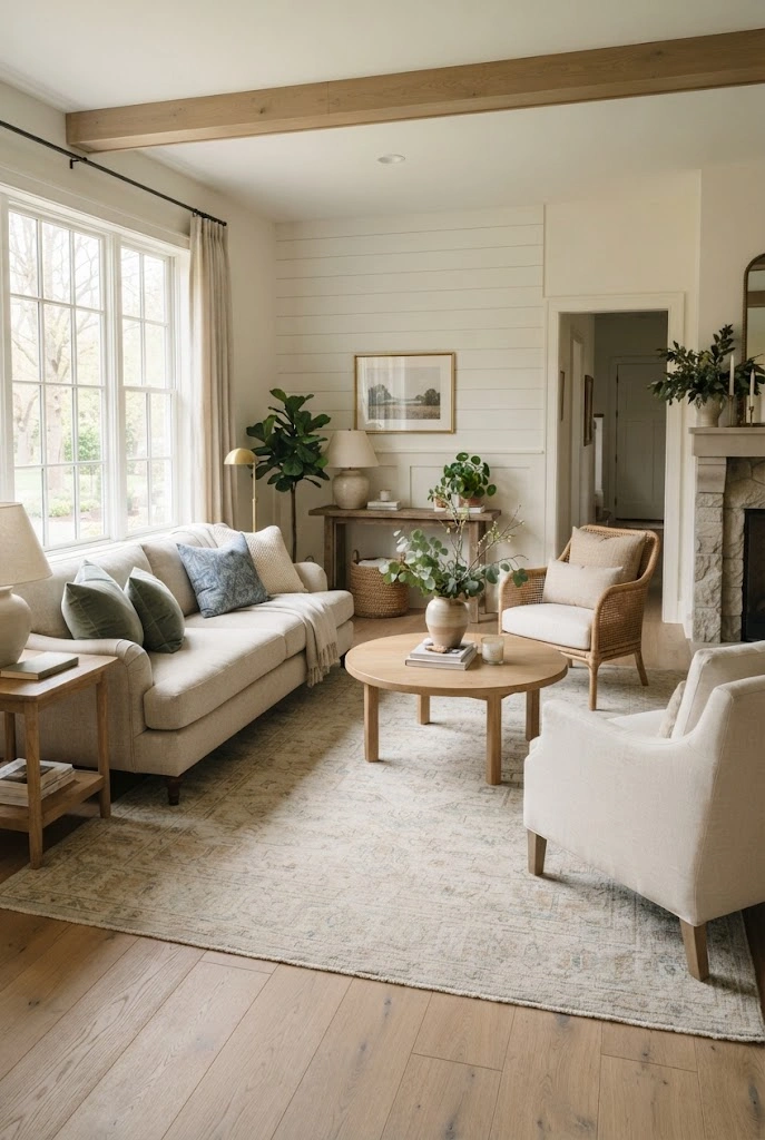 Light spring area rug anchoring a neutral living room with fresh greenery.