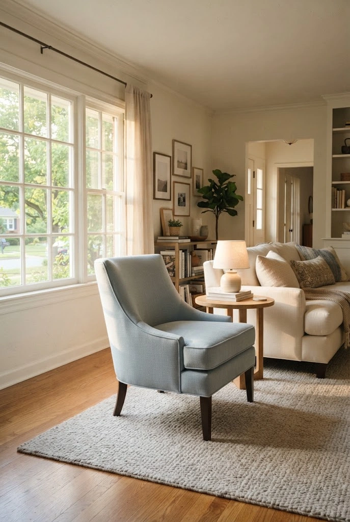 Pale blue accent chair styled in a light and airy spring living room.