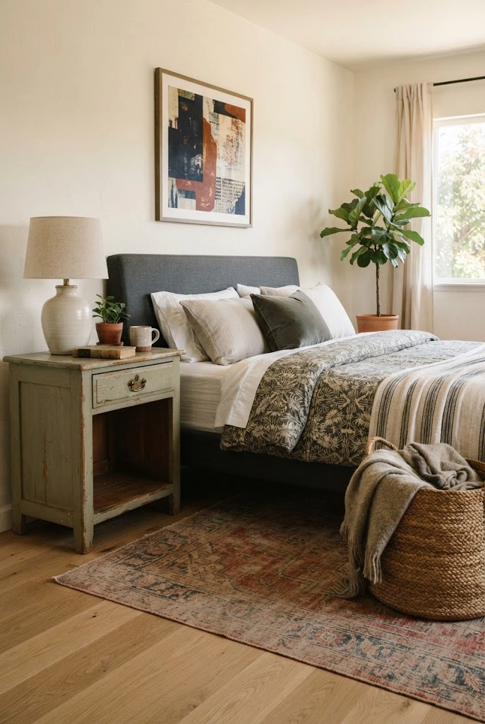 Antique painted nightstand paired with contemporary furniture in an eclectic bedroom.