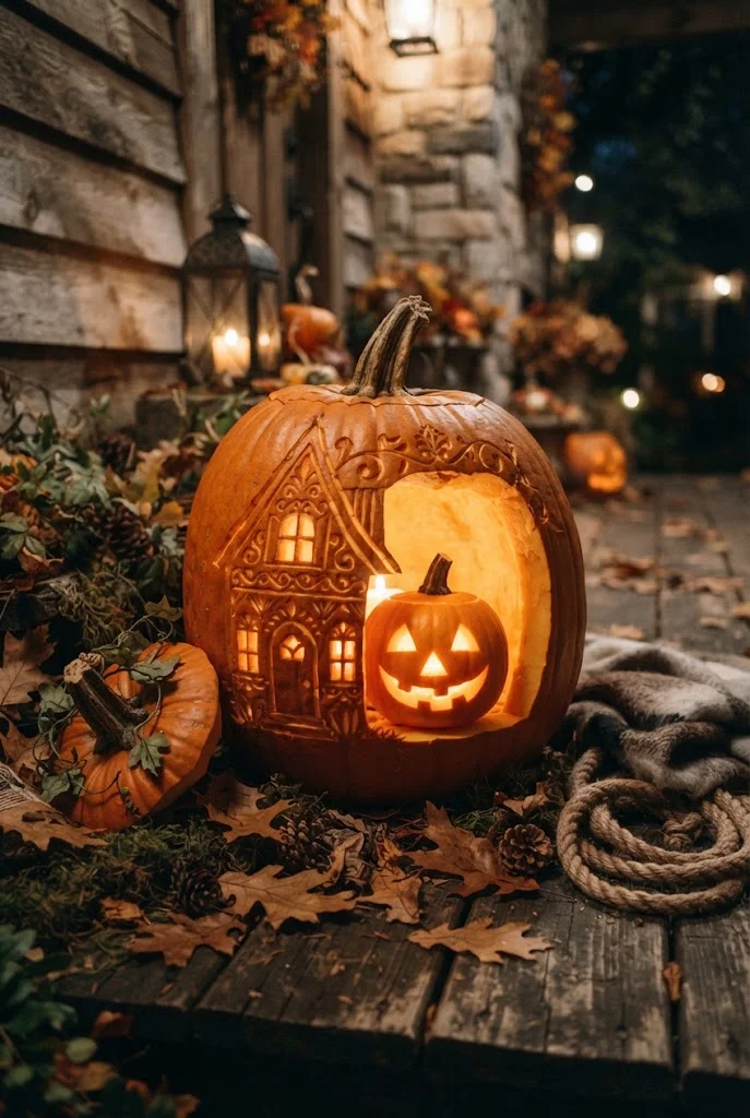 Large carved pumpkin revealing a smaller glowing pumpkin inside.