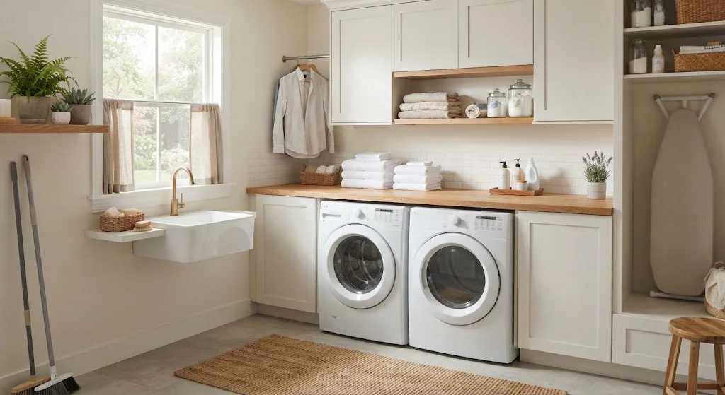 Laundry room with a long countertop above front-loading washer and dryer.