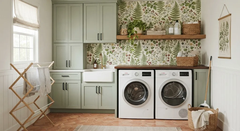 Laundry room with botanical wallpaper and simple cabinetry.