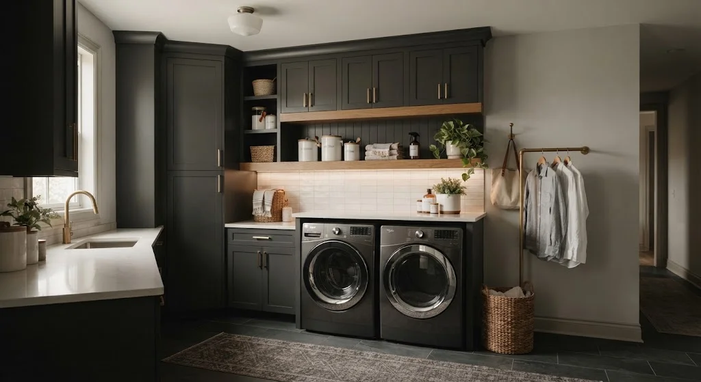 Laundry room with dark cabinets, light countertops, and warm wood accents.