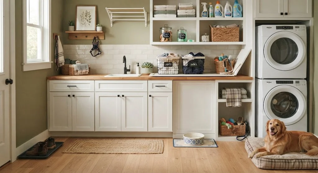 Laundry room with organized pet-care storage beside washer and dryer.