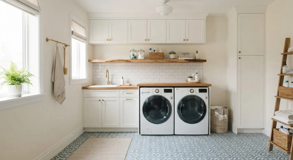 Laundry room with patterned tile flooring and simple white cabinetry.