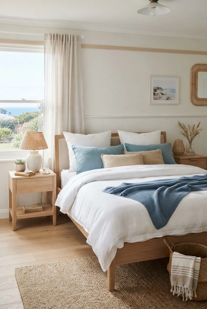 White coastal bedroom with layered bedding, ocean-blue pillows, pale wood nightstands, and woven accents.