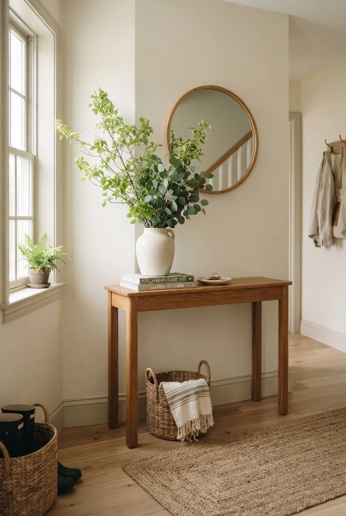 Spring entryway with fresh green branches styled on a warm-oak console table.