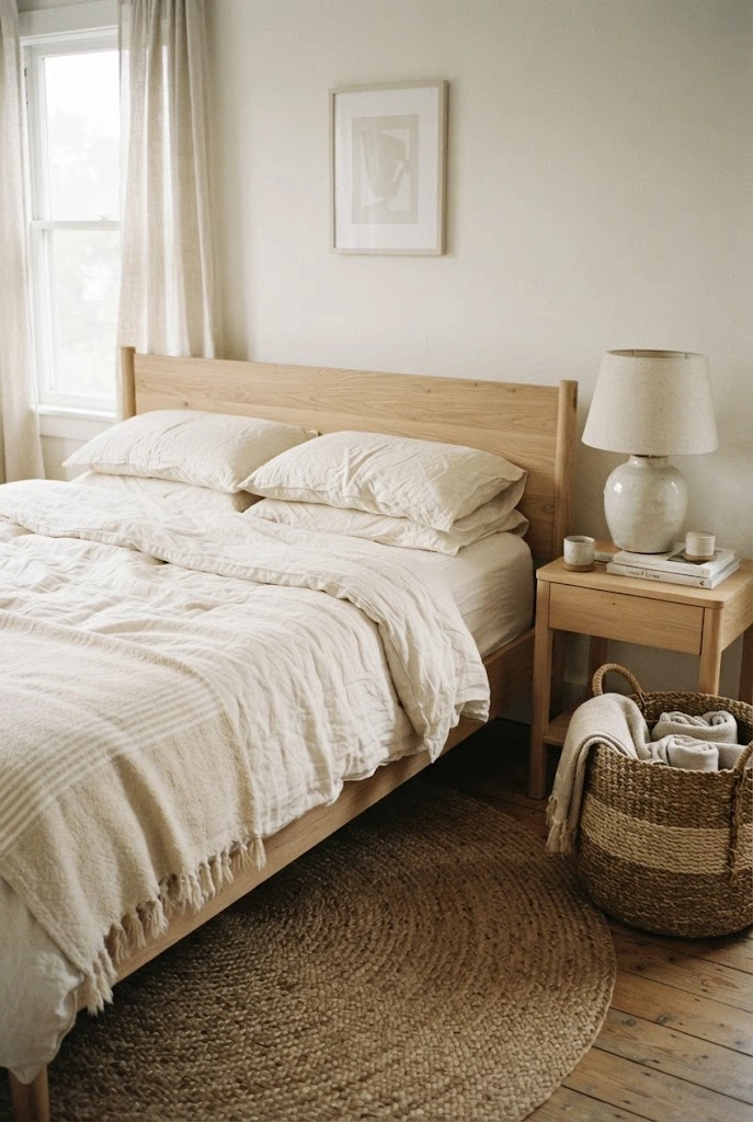 Minimalist coastal bedroom layered with linen, jute, natural wood, woven baskets, and textured ceramics.