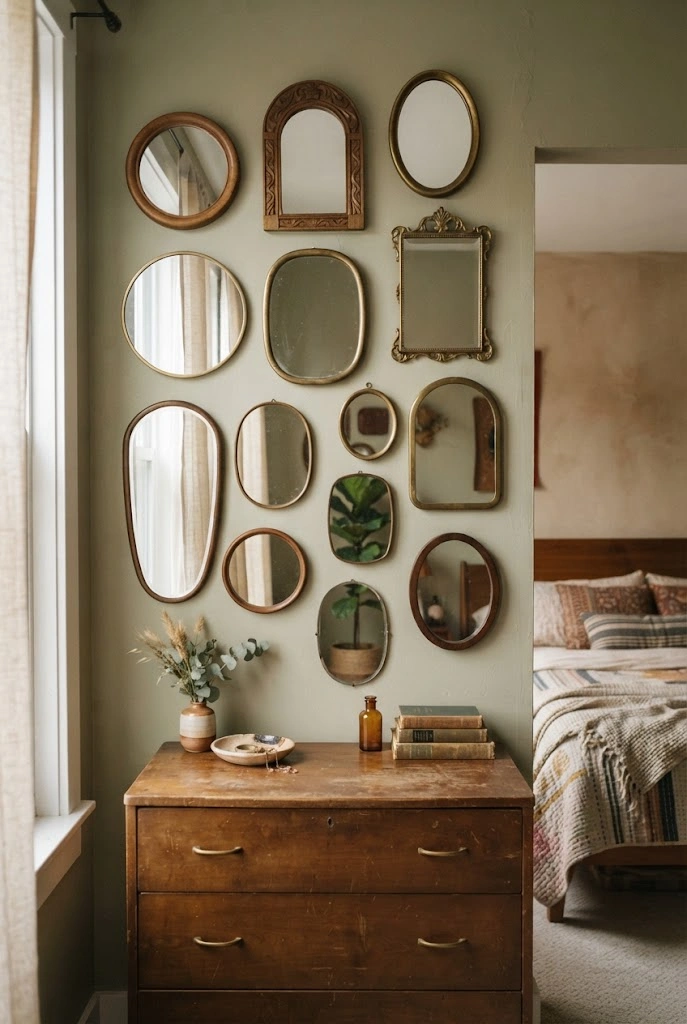 Collection of differently shaped mirrors arranged above a vintage bedroom dresser.