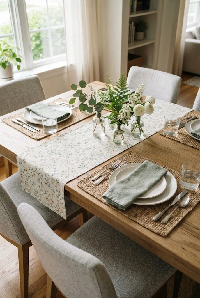 Spring dining table with a botanical runner, white dishes, and small greenery arrangements.