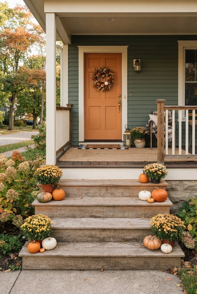 Autumn porch steps decorated with small mums and pumpkins leading to layered doormats.