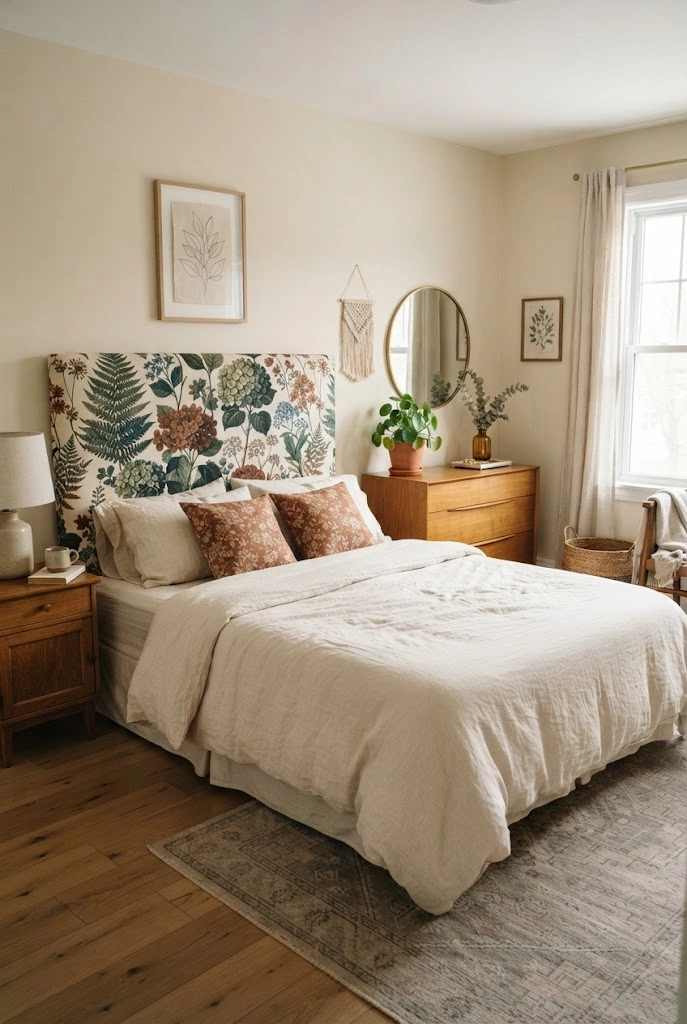 Eclectic bedroom with a bold botanical upholstered headboard and quieter surrounding decor.