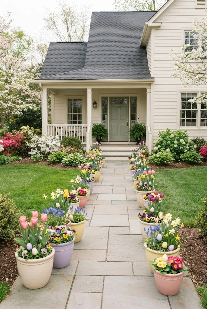 Spring flower pots with subtle Easter accents lining a residential walkway.