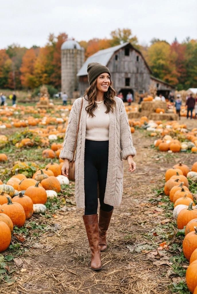 Long oatmeal cardigan layered over a cream top, leggings, and brown boots.