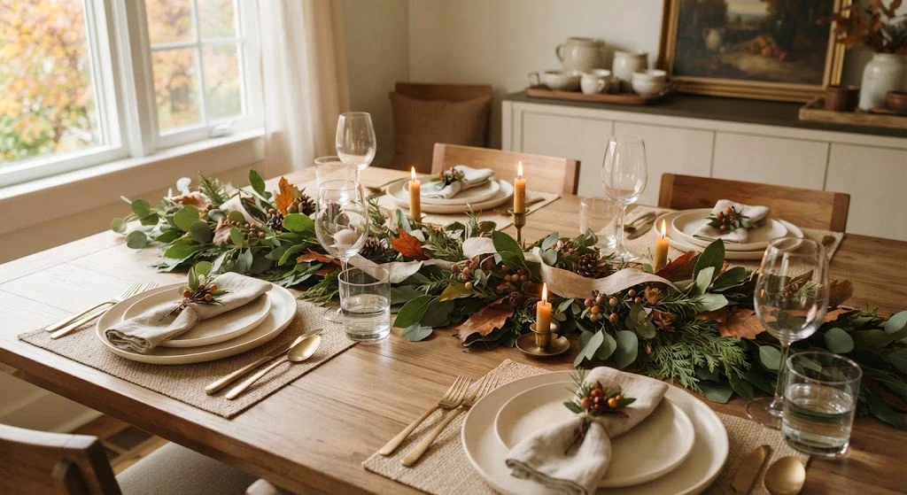 Low Thanksgiving table garland made with greenery, dried leaves, pinecones, berries, and linen ribbon.