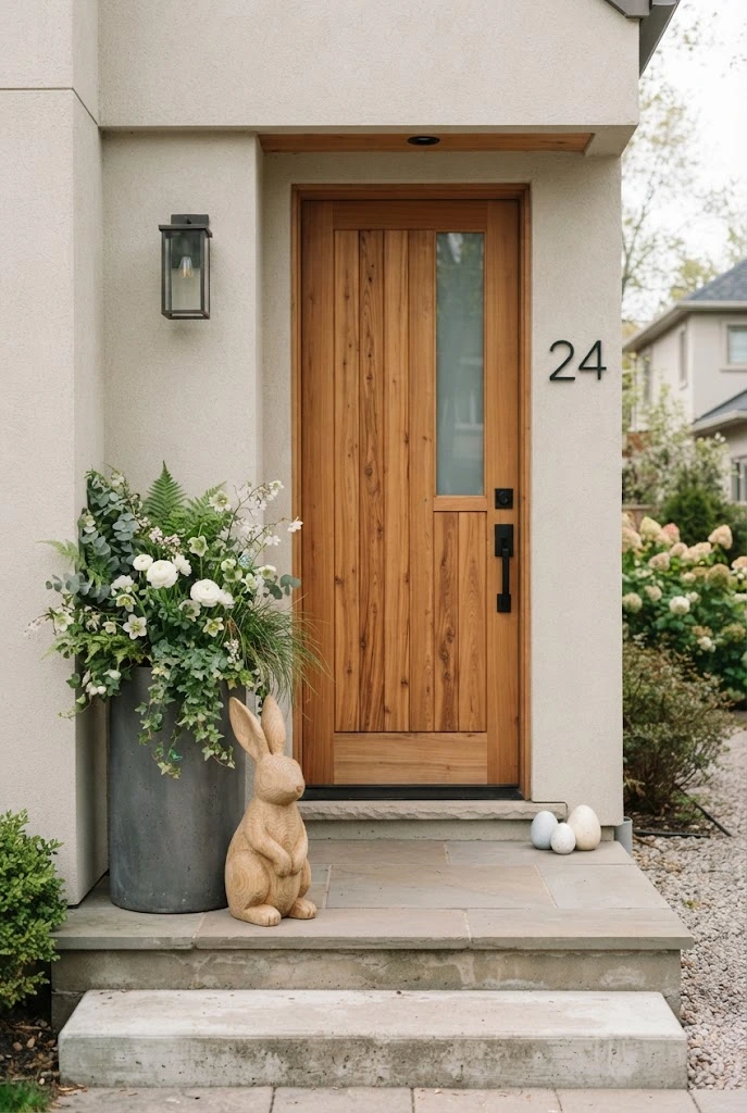 Natural wood bunny sculpture beside spring greenery at a modern front entry.