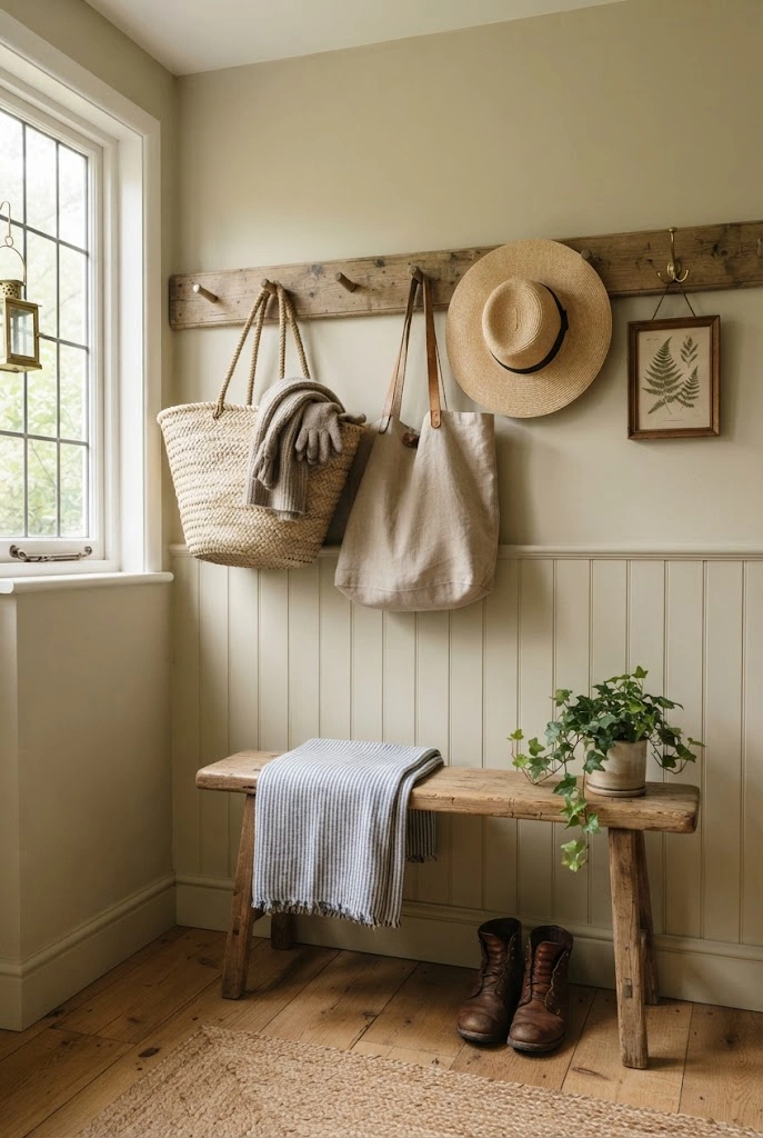 Vintage wood peg rail with woven baskets, a linen tote, and botanical artwork in a mudroom.