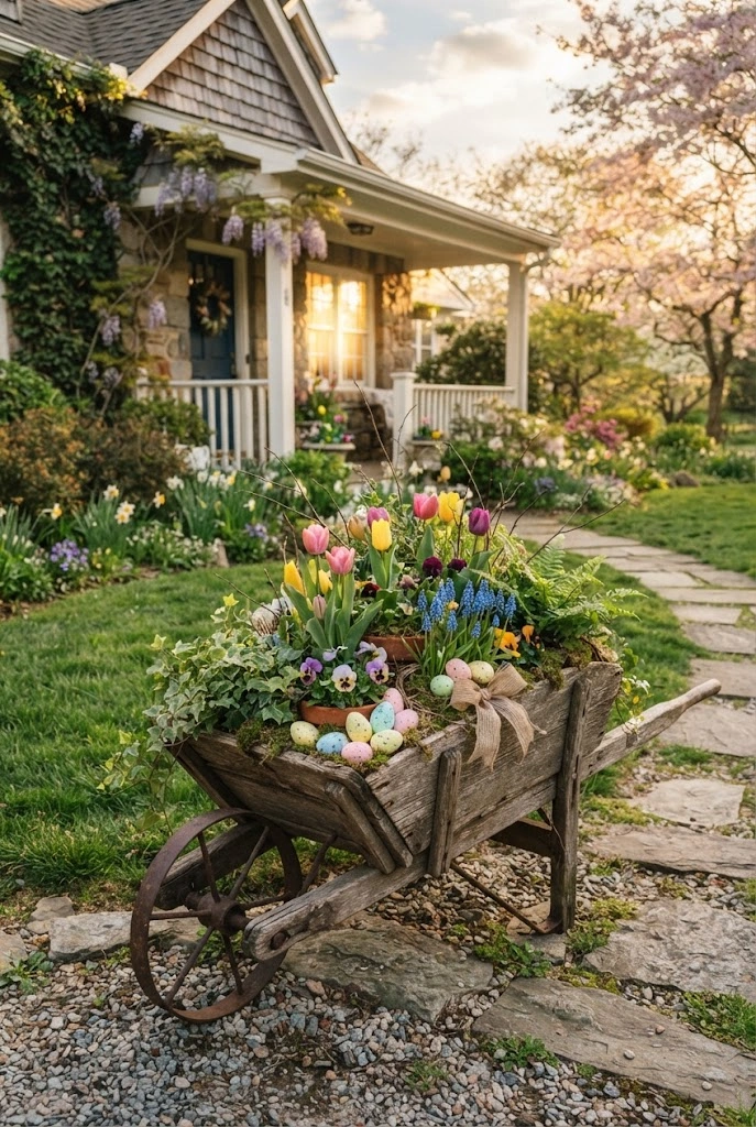 Rustic wheelbarrow filled with spring flowers and Easter eggs.