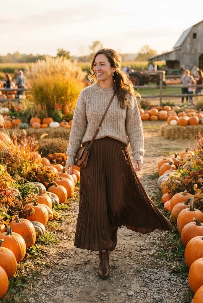 Brown maxi skirt and chunky oatmeal sweater styled for a pumpkin patch visit.
