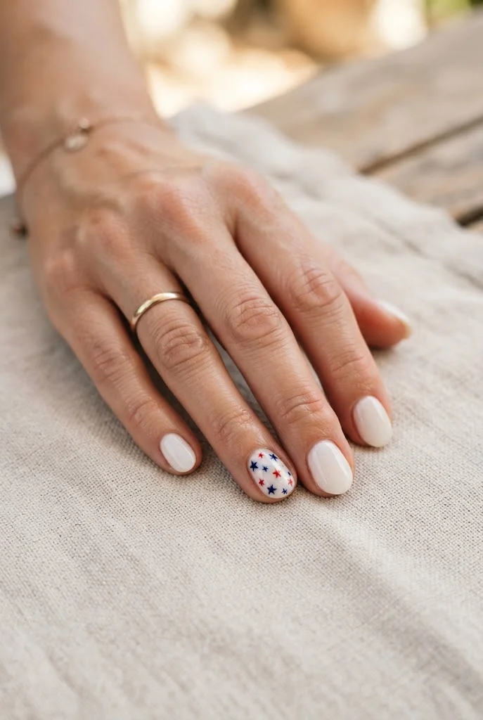 Milky white Fourth of July nails with tiny red and blue stars.