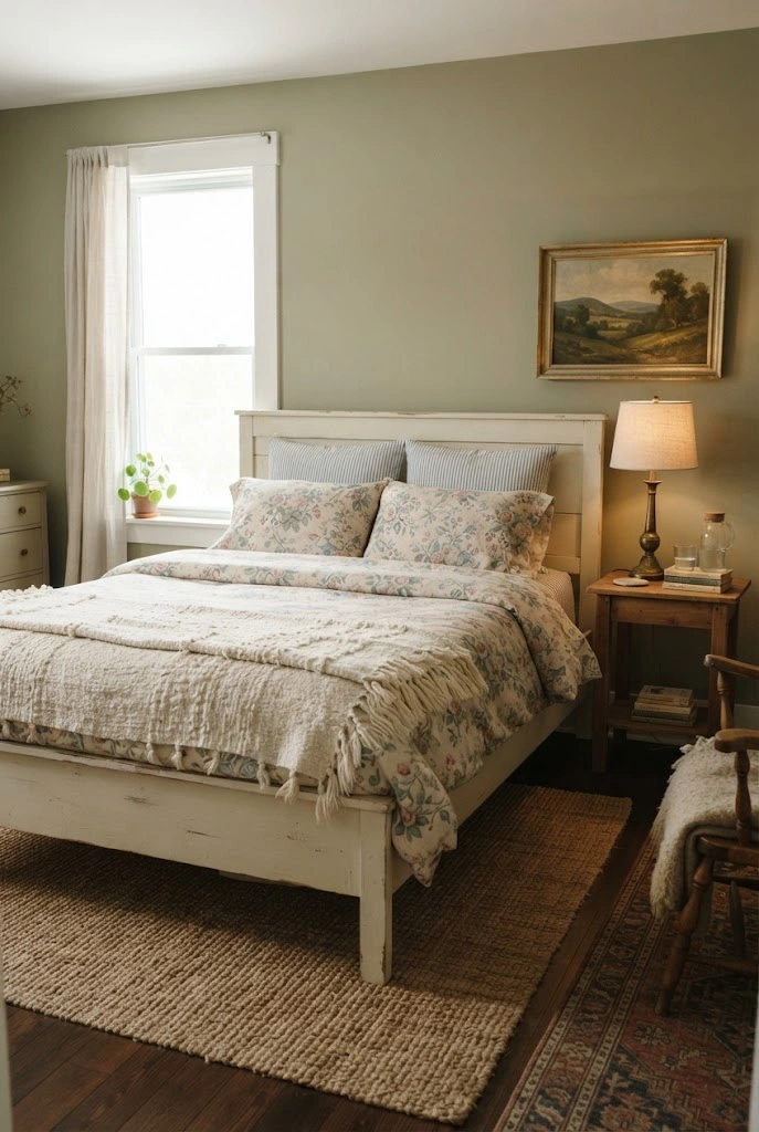 Eclectic bedroom layering floral bedding, striped pillows, and a woven throw.
