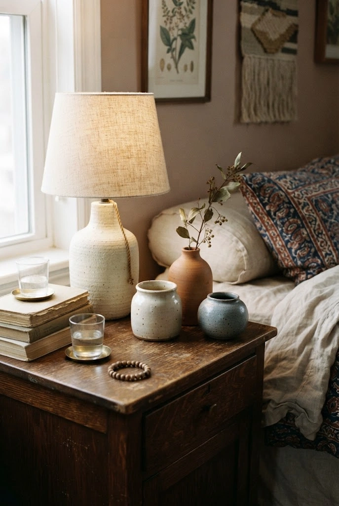 Handmade ceramic vessels styled on a vintage wooden bedside table.