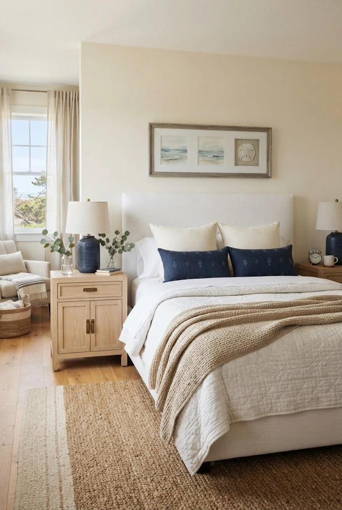 Refined coastal bedroom with navy pillows, sand-colored textiles, ivory bedding, and natural oak furniture.