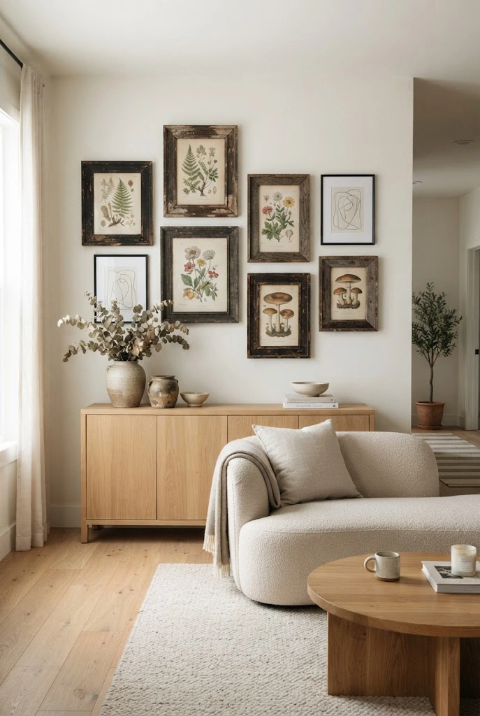 Mixed gallery wall combining vintage artwork with simple modern frames in a contemporary living room.