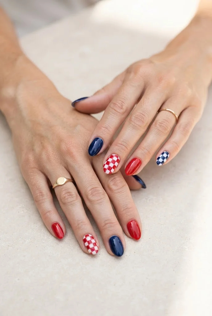 Modern red, white, and navy checkerboard Fourth of July nails.