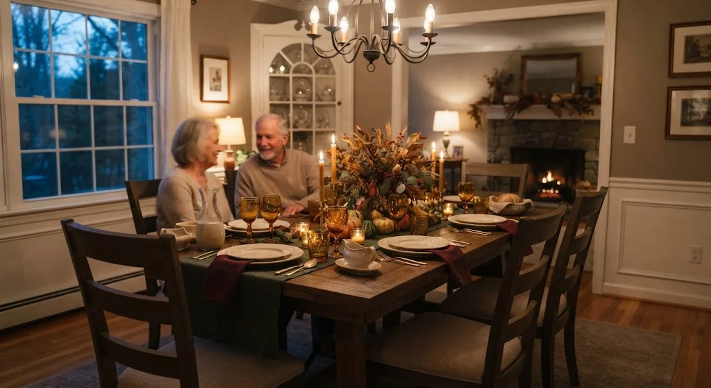 Moody Thanksgiving dining room with forest green, burgundy, amber glass, wood, and candlelight.