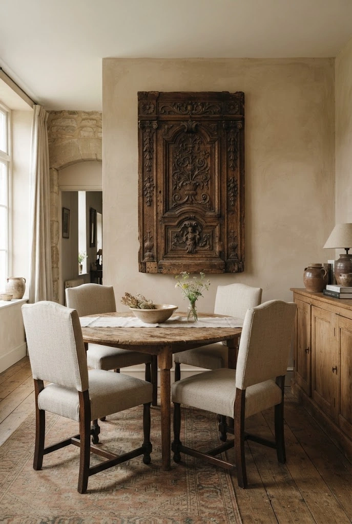 Salvaged carved architectural wood panel displayed as wall decor in a dining room.