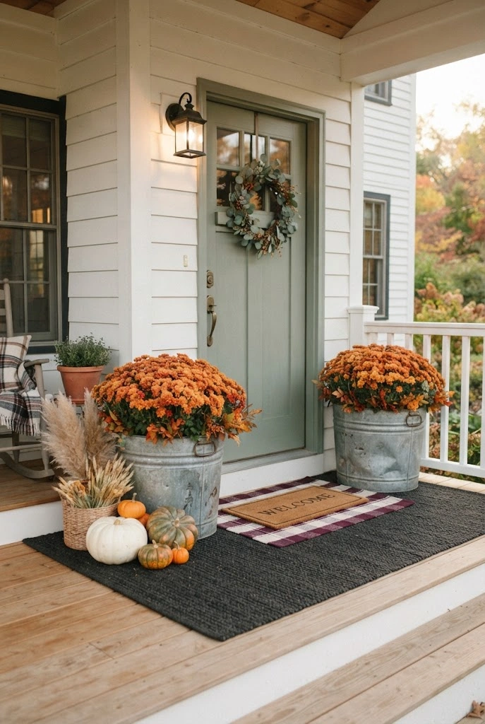 Modern farmhouse porch with orange mums in galvanized tubs and layered plaid doormats.